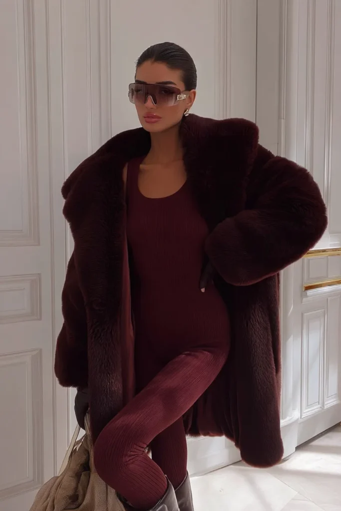 Faux Fur Coat Over Burgundy Ribbed Jumpsuit — Burgundy Outfits