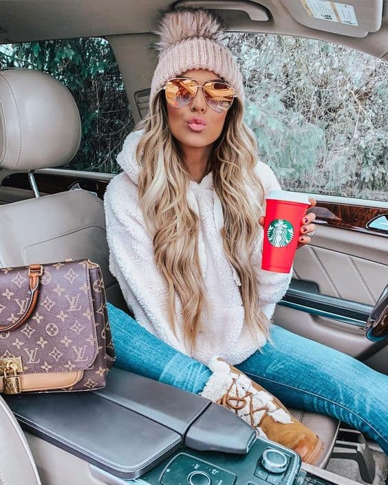Tan Shearling Boots with a Cozy Fuzzy Hoodie and Jeans — Snow Boots Outfits