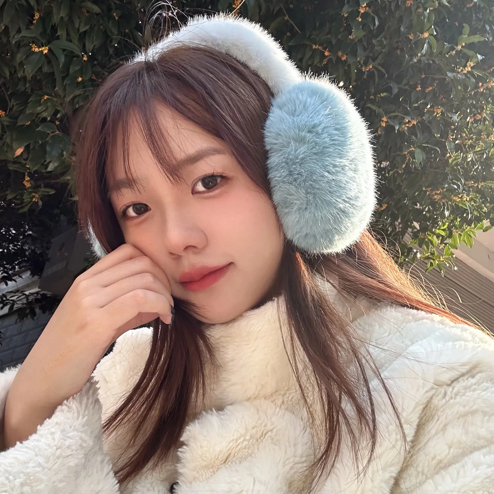 Pastel Sky Blue with White Fuzzy Turtleneck — Earmuffs Outfits