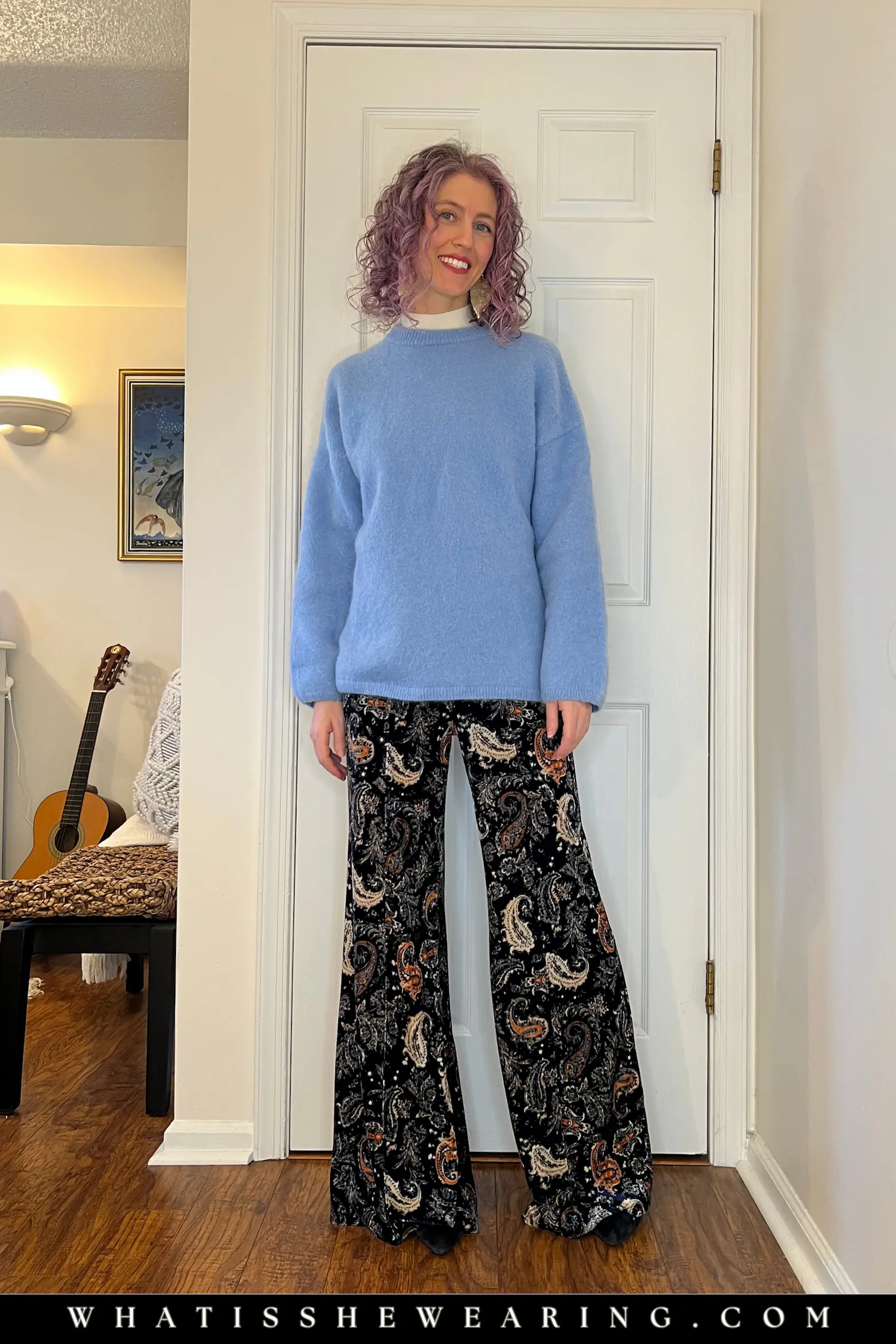 Patterned Pants Pairing: Light Blue Sweater with Paisley Trousers Patterned Pants Pairing: Light Blue Sweater with Paisley Trousers — Oversized Sweater Outfits