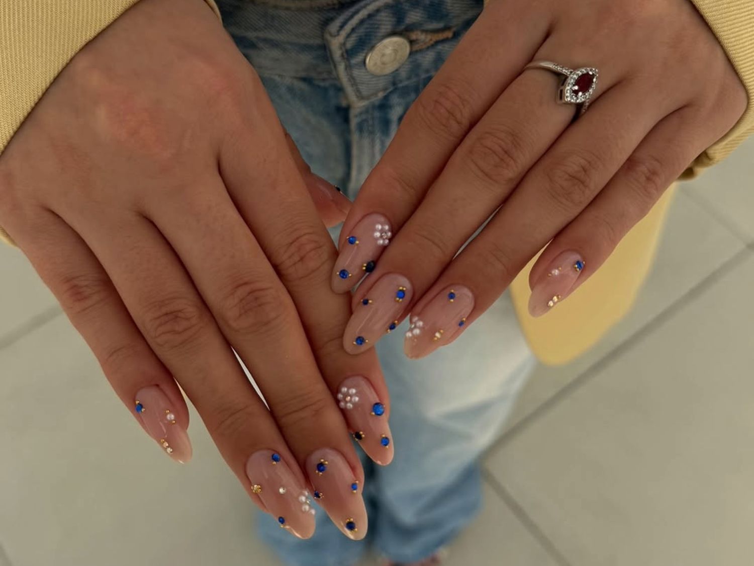 Nude Blue Dot Floral Gold Flake Stiletto Nails Nude Blue Dot Floral Gold Flake Stiletto Nails — Classy Simple Nail Designs