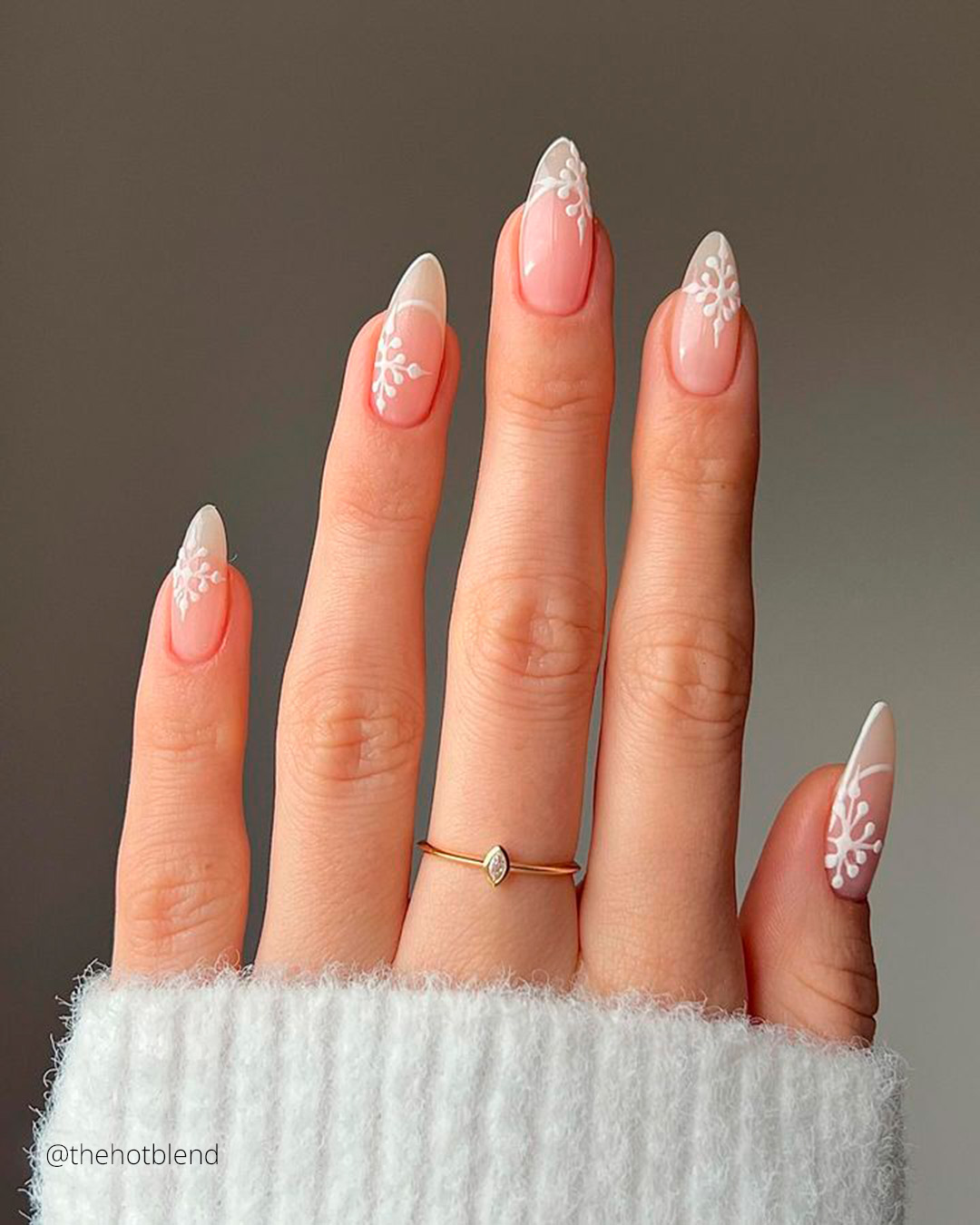 White Snowflake Art Long Almond Nails — Winter Wedding Nails