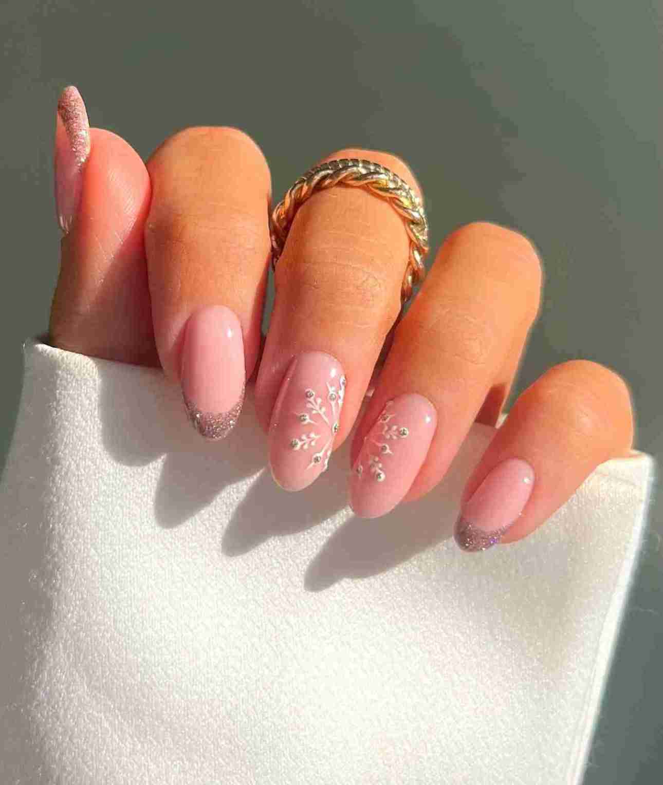 Pale Pink Snowflake Glitter Tip Oval Nails — Winter Glitter Nails