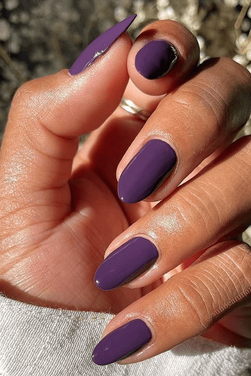 Deep Plum Glossy Medium Almond Nails Deep Plum Glossy Medium Almond Nails — Winter Nail Colors for Dark Skin