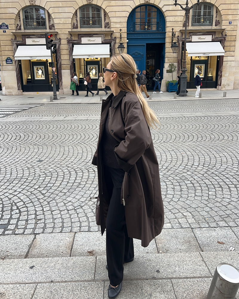 Brown Oversized Coat with Black Trousers and Flats — Long Coat Outfits