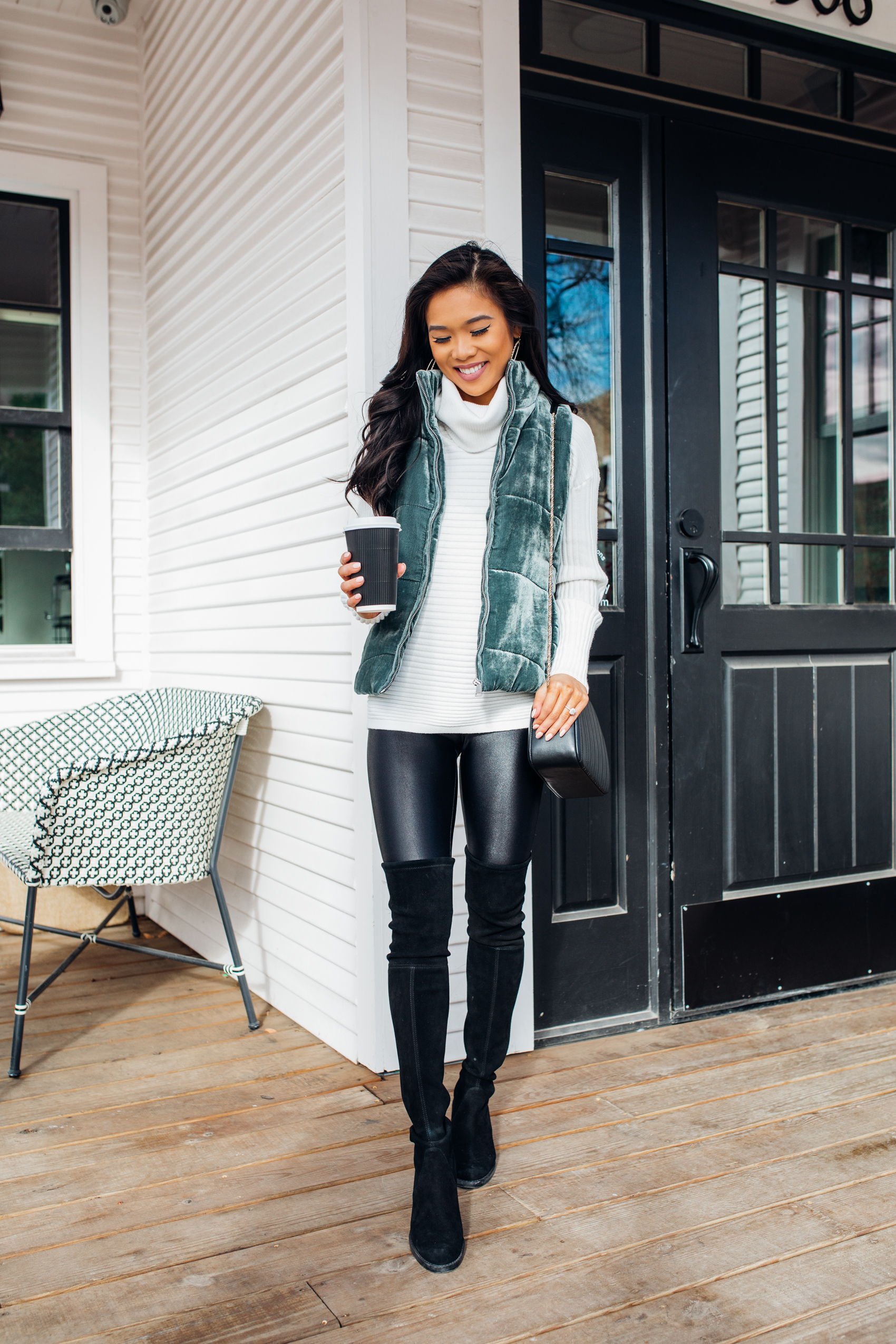 White Turtleneck with Green Velvet Vest and Leggings — Turtleneck Outfits