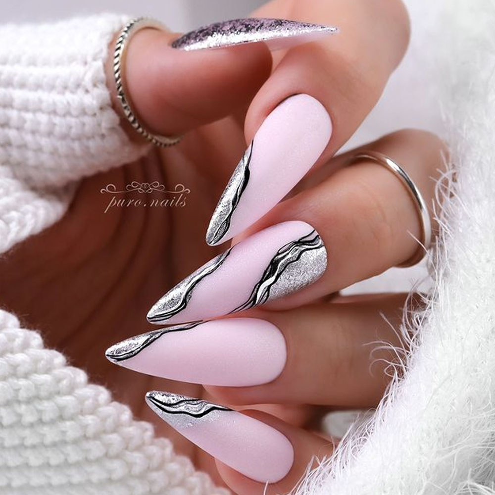 Matte Pale Pink Silver Visual Idea Matte Pale Pink Silver Visual Idea — Long Winter Nails
