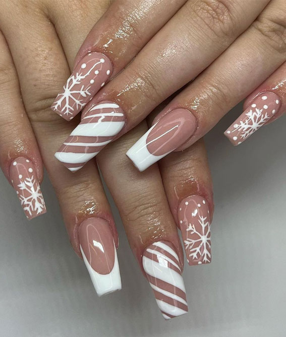 Long Glossy Nude Snowflake Polka Dot Candy Cane French Tip Coffin Nails Long Glossy Nude Snowflake Polka Dot Candy Cane French Tip Coffin Nails — Winter Coffin Nails
