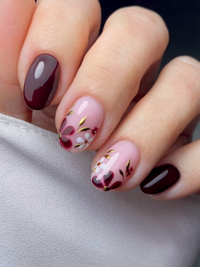 Light Pink with Burgundy Floral Gold Accents Light Pink with Burgundy Floral Gold Accents — Burgundy Nails