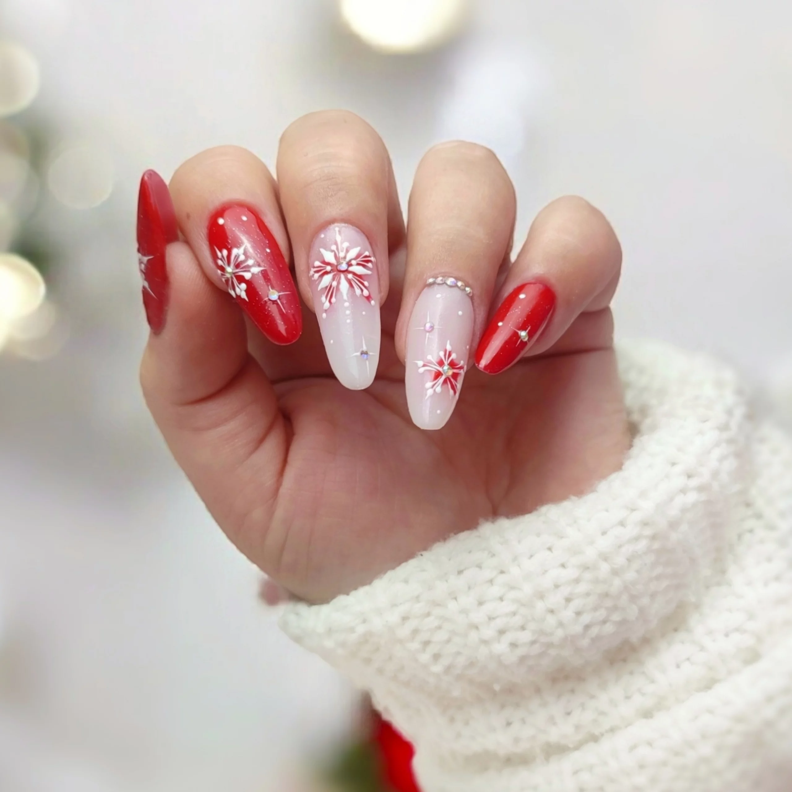 Snowflake Bow Rhinestone Almonds — Winter Red Nails