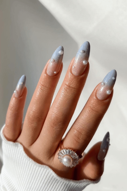 Pale Blue Pearl Glitter Ombre Stilettos — Winter Ombre Nails
