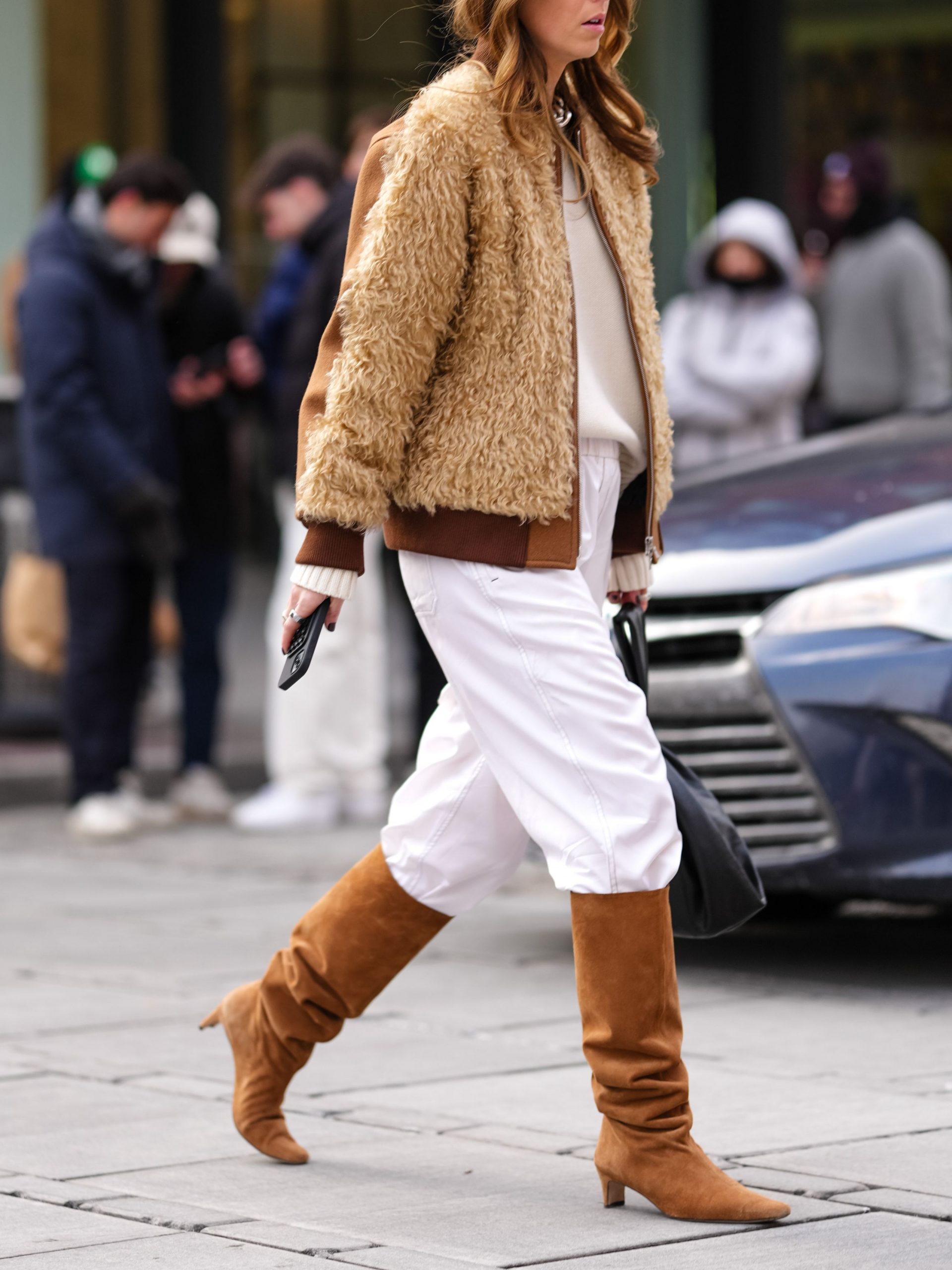 Tan Suede Knee-High Boots with Cream Pants and Fuzzy Bomber Jacket — Suede Boots Outfits
