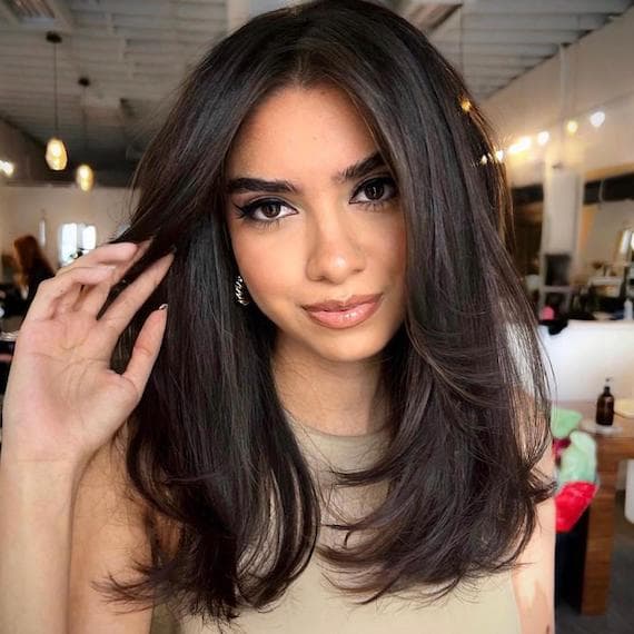 No Bangs Collarbone Blowout With Highlights No Bangs Collarbone Blowout With Highlights — Dark Chocolate Brown Hair