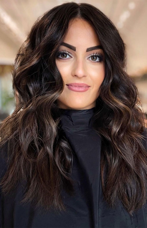 Mid-Back Dark Brown with Dimensional Caramel Highlights Mid-Back Dark Brown with Dimensional Caramel Highlights — Dark Winter Hair Colors