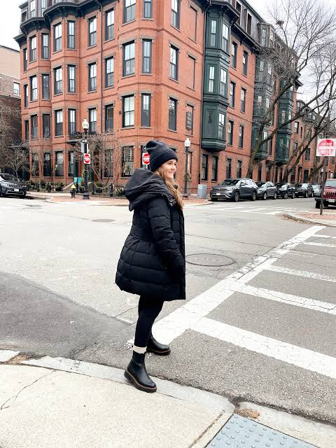 Hooded Black Puffer Coat with White Socks — Long Puffer Coat Outfits