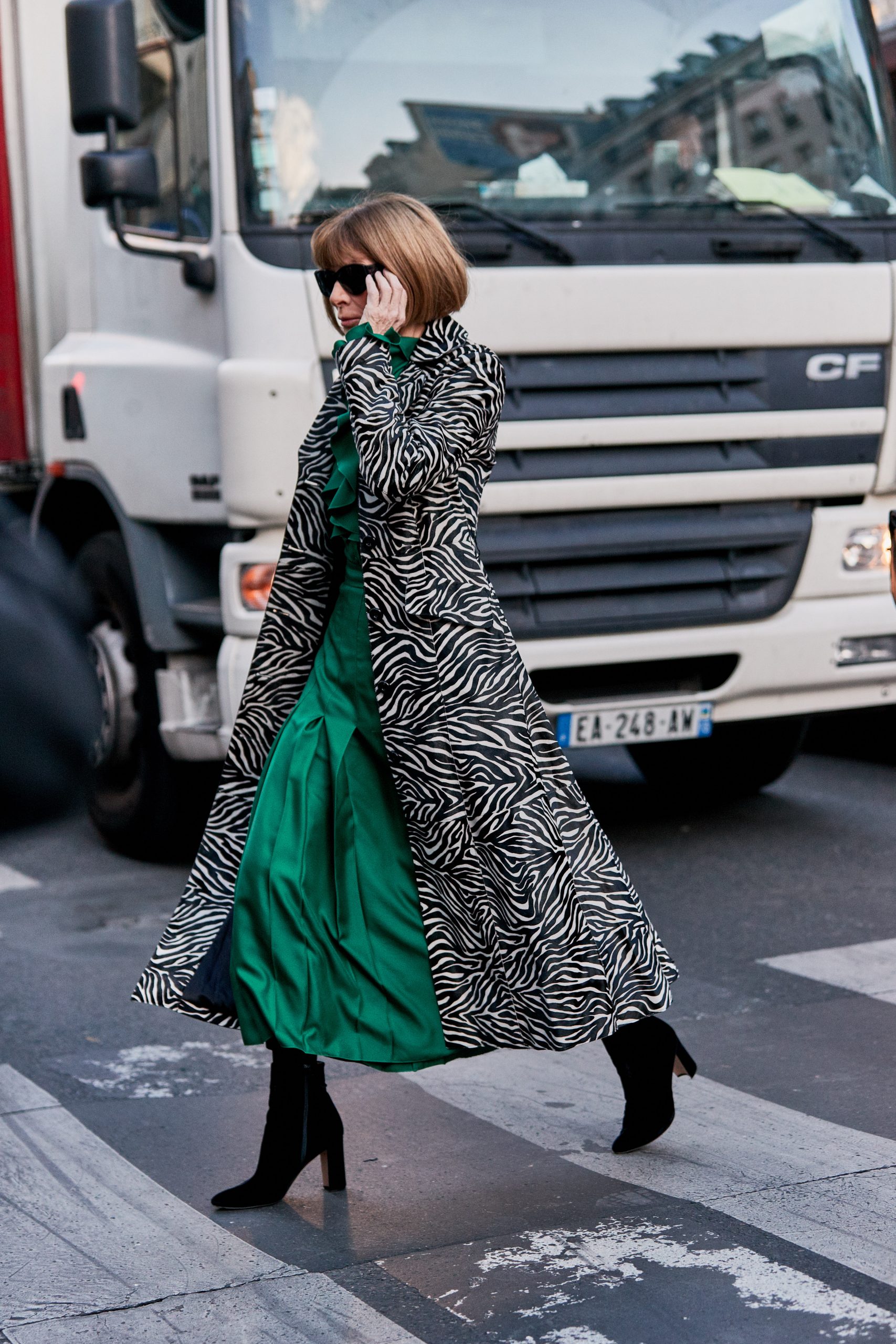 Satin Dress and Zebra Print Coat with Heeled Boots Satin Dress and Zebra Print Coat with Heeled Boots — Ankle Boots Outfits