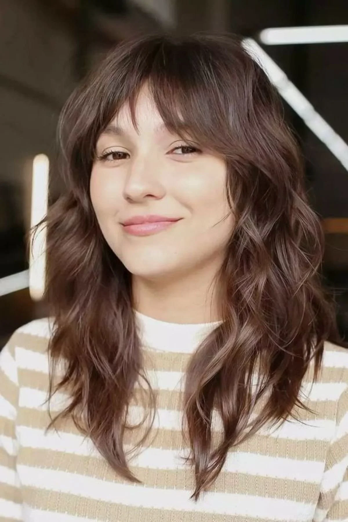 Collarbone Medium Brown Shag With Curtain Bangs Collarbone Medium Brown Shag With Curtain Bangs — Winter Hairstyles with Bangs