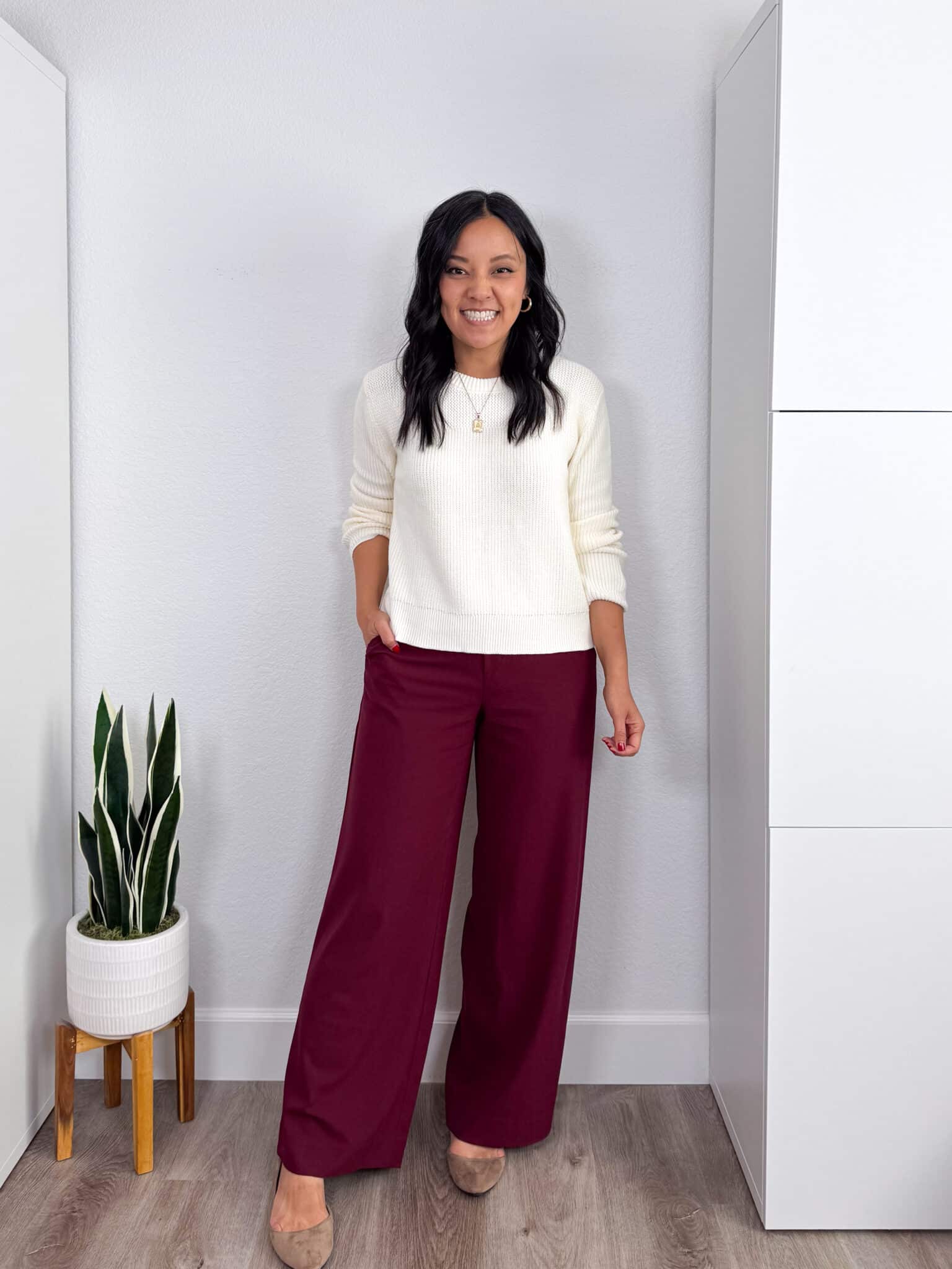 Casual Work Style: Burgundy Trousers with Cream Sweater — Burgundy Outfits