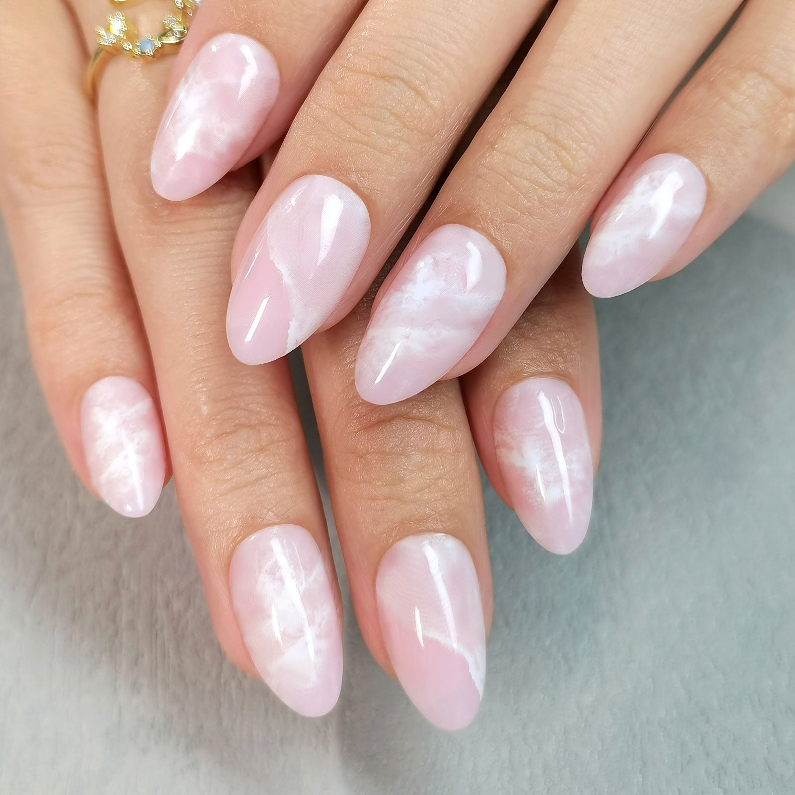 Cohesive Light Pink Marble Almonds — Winter Marble Nails