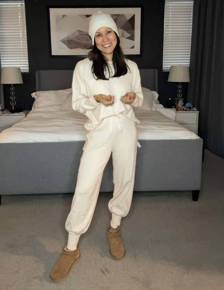 Cream Hooded Sweatshirt and Jogger Set with Ugg-Style Boots and Beanie Cream Hooded Sweatshirt and Jogger Set with Ugg-Style Boots and Beanie — Loungewear Outfits