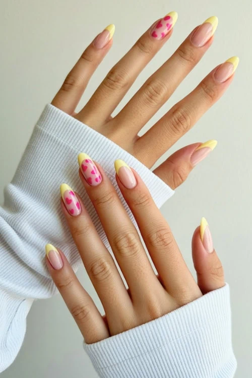 Medium Almond Pink Heart Yellow French Nails Medium Almond Pink Heart Yellow French Nails — Yellow Nail Designs