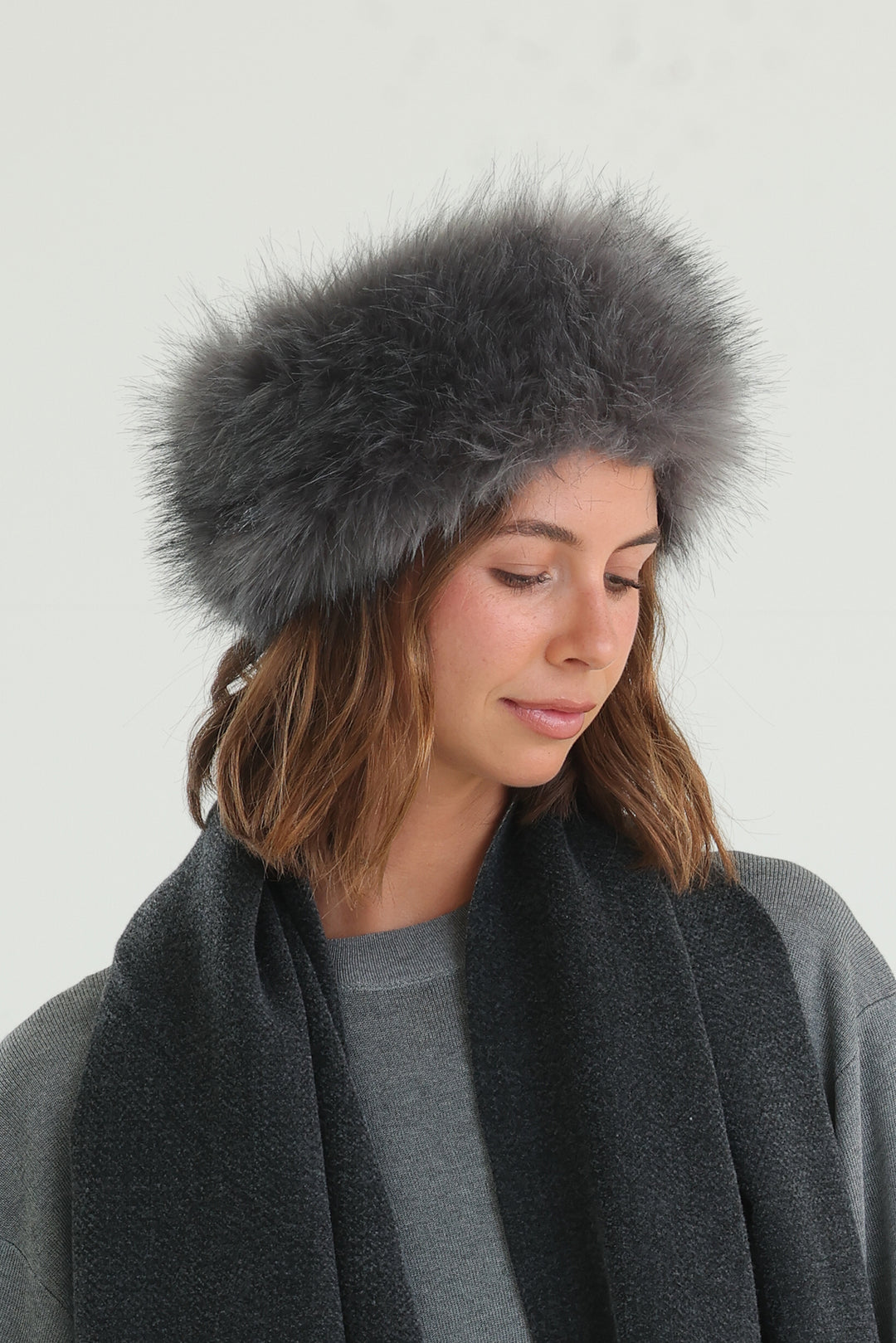 Grey Fluffy Fur Headband and Scarf Set — Fur Hat Outfits