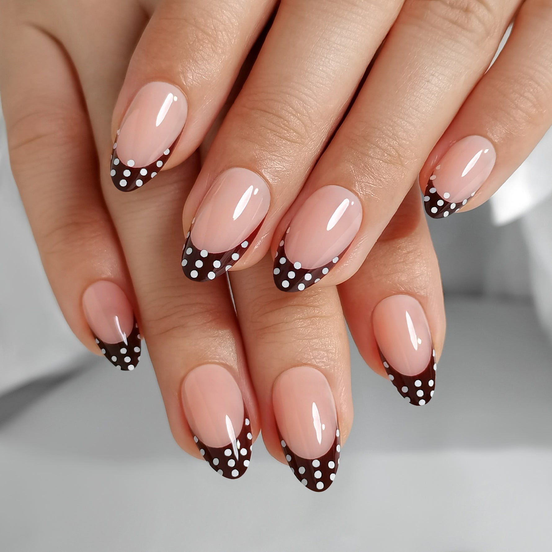 Polka Dot Brown French Almonds — Winter Almond Nails