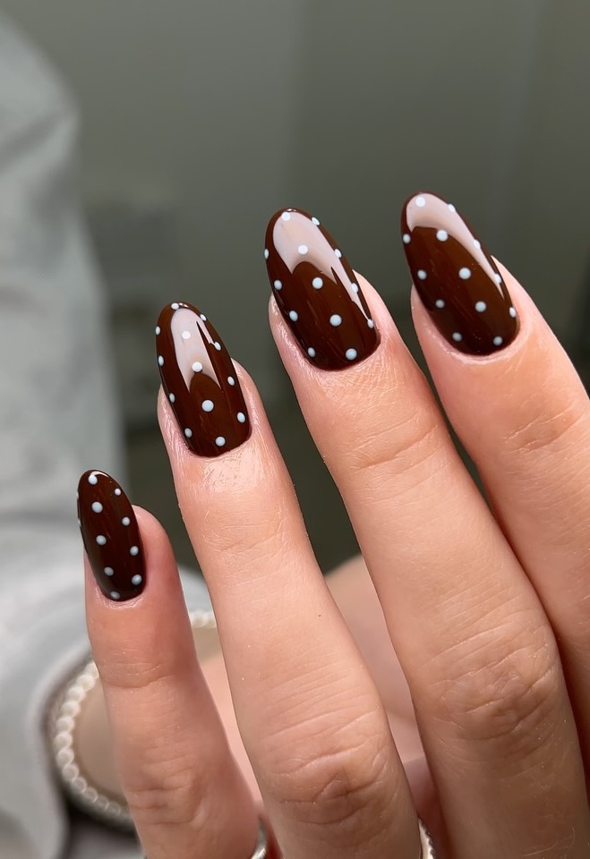 Deep Brown White Polka Dot Nails — Brown Nail Designs
