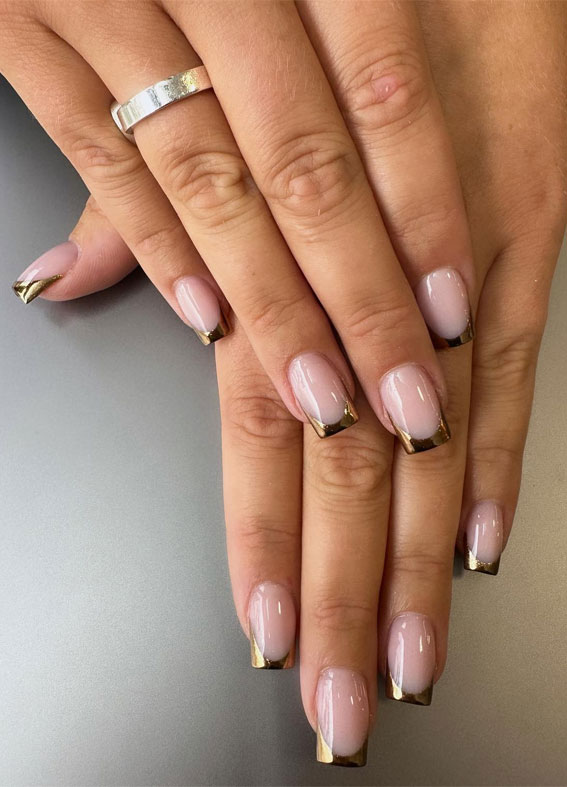 Glossy Gold French Tips on Nude — Chrome Nail Designs