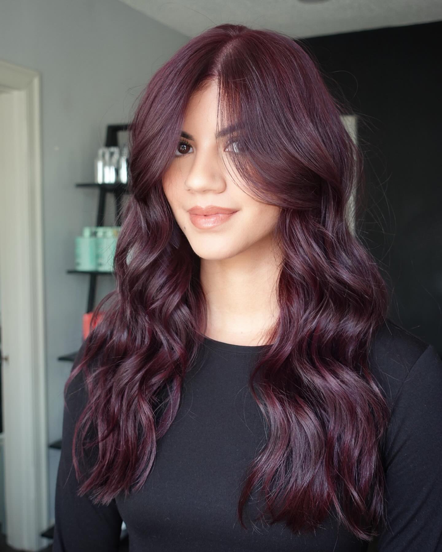 Deep Burgundy Shade On Wavy Hair — A Front View Of Shoulder-Length Deep Burgundy Shade On Wavy Hair — A Front View Of Shoulder-Length — Burgundy Hair Color