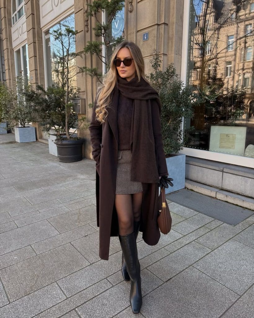 Cold Weather Chic: Houndstooth Skirt and Knee-High Boots Cold Weather Chic: Houndstooth Skirt and Knee-High Boots — Black Boots Outfits
