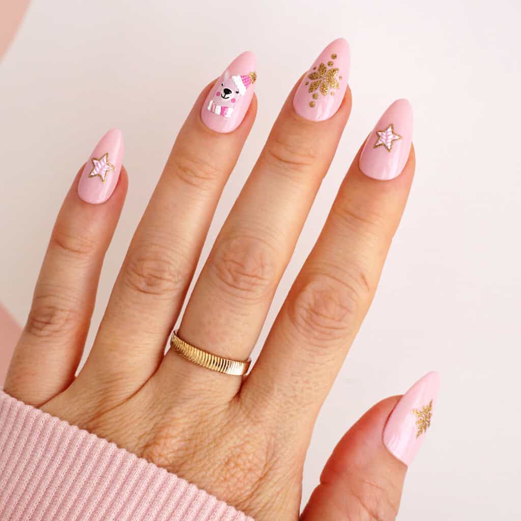 Medium Almond Pale Pink with Cartoon Bear and Gold Accents Medium Almond Pale Pink with Cartoon Bear and Gold Accents — Winter Pink Nails