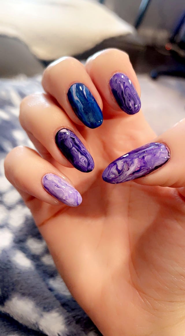 Vibrant Blue Purple Marble Oval Nails — Winter Marble Nails