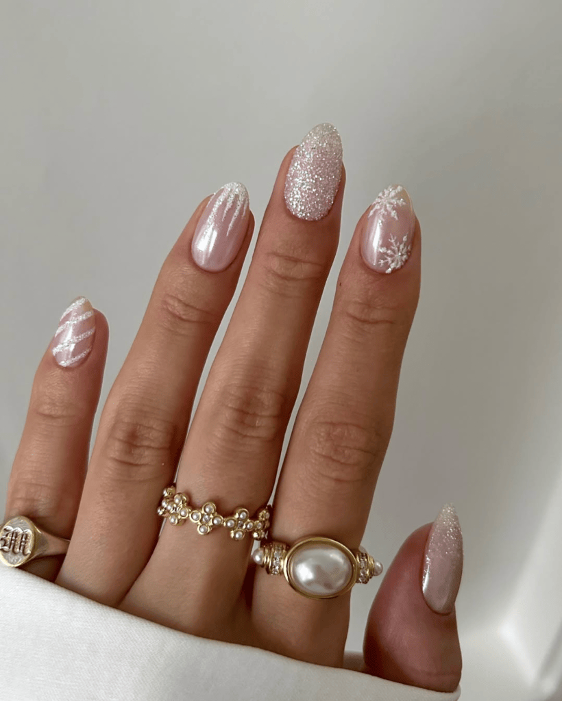 Long Stiletto White and Blue Glitter Snowflakes Long Stiletto White and Blue Glitter Snowflakes — January Nails