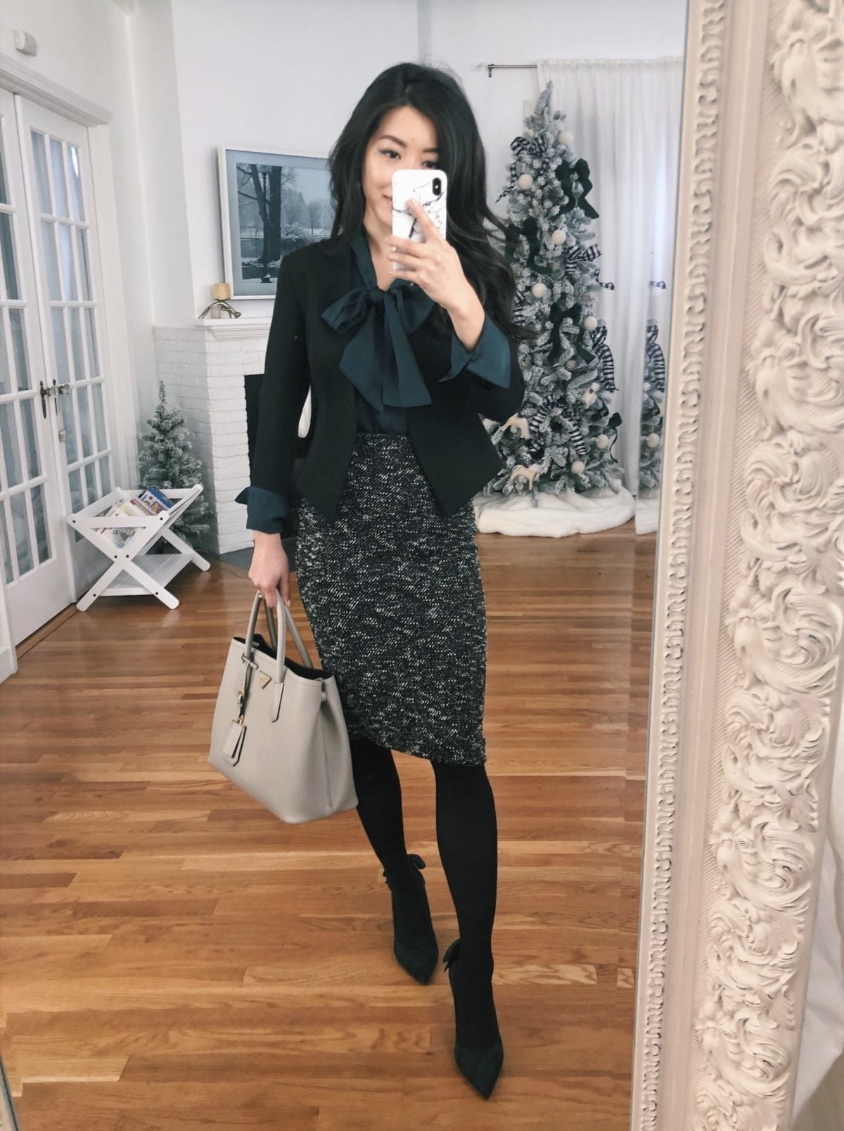 Professional Polish: Opaque Black Tights with a Pencil Skirt Suit — Tights Outfits