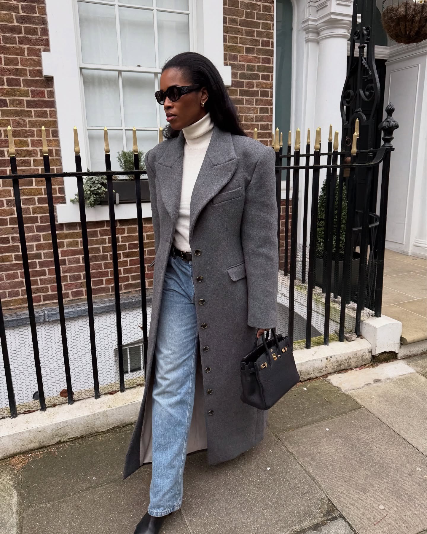 City Smart Casual Structured Grey Wool Coat with White Turtleneck and Jeans — Long Coat Outfits