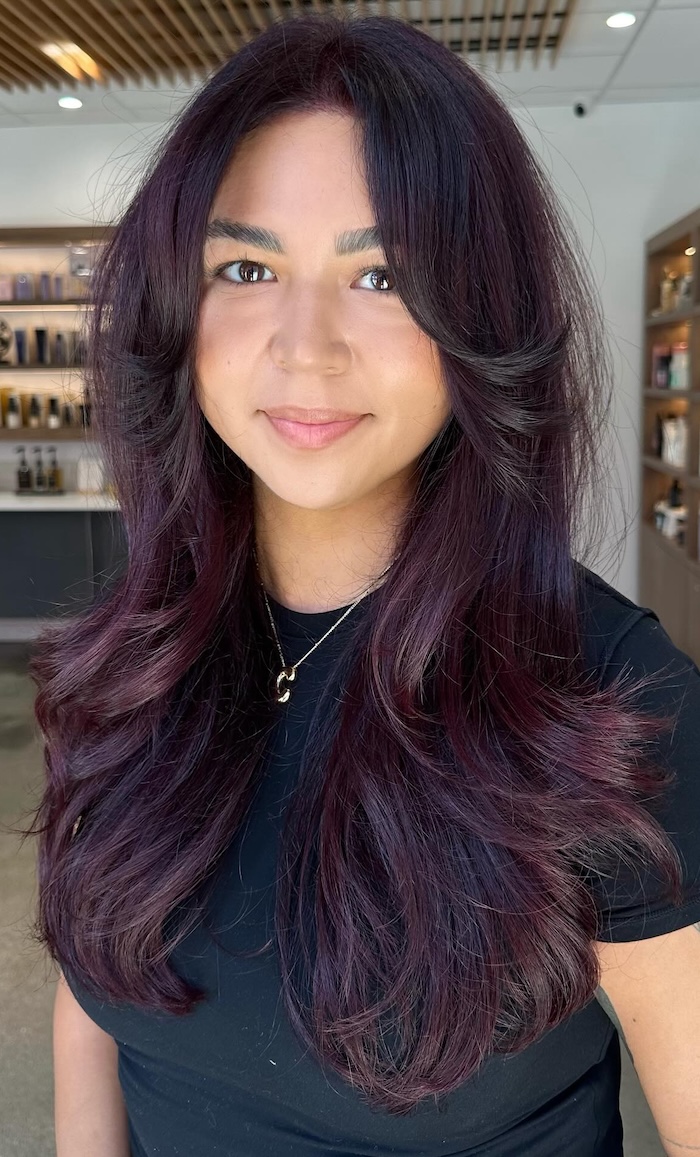 Mid-Back Plum Layers With Curtain Bangs Mid-Back Plum Layers With Curtain Bangs — Winter Haircuts with Bangs