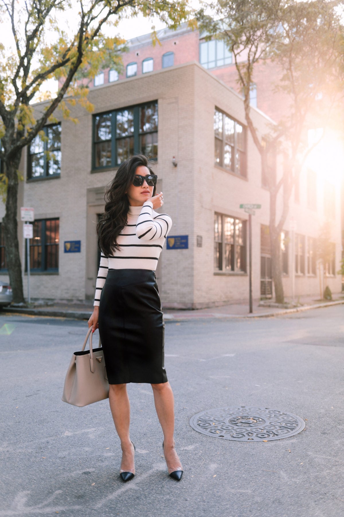 Timeless Work Style: Black Leather Pencil Skirt with Striped Top and Heels Timeless Work Style: Black Leather Pencil Skirt with Striped Top and Heels — Leather Skirt Outfits