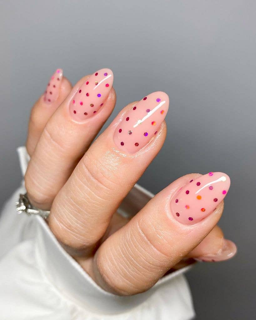 Sheer Pink with Scattered Colorful Dots Sheer Pink with Scattered Colorful Dots — Winter Nail Colors for Women Over 40
