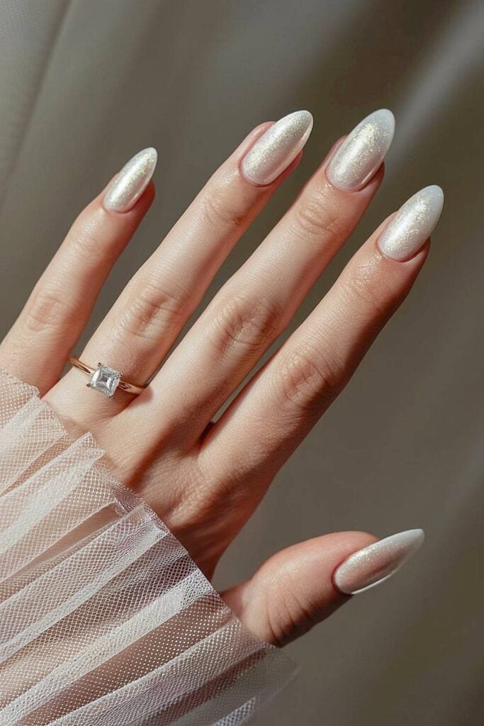 Pale Pearlescent White Shimmer Nails — Winter Wedding Nails
