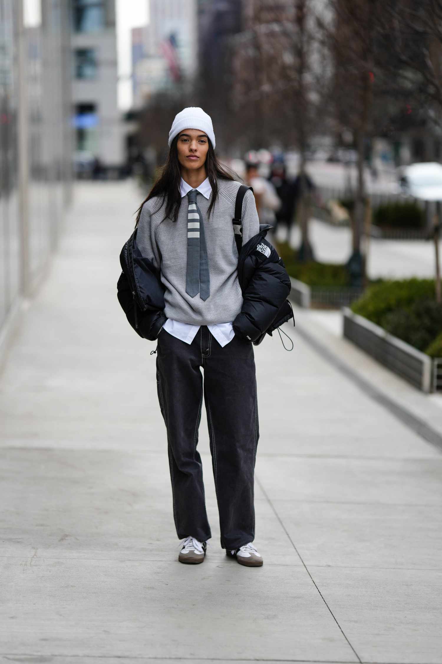 White Beanie with Tie Detail and Draped Puffer Jacket — Beanie Outfits