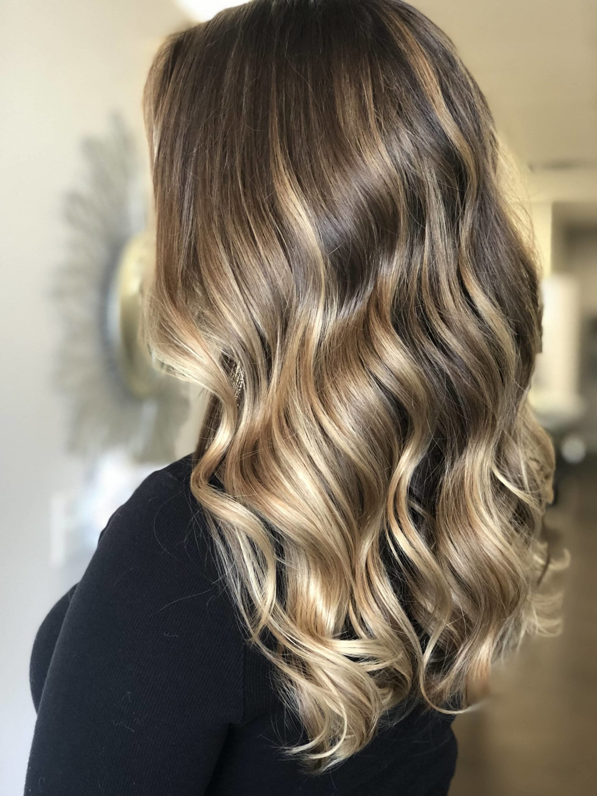 Back View Dark Brown With Blonde Balayage Back View Dark Brown With Blonde Balayage — Reverse Balayage