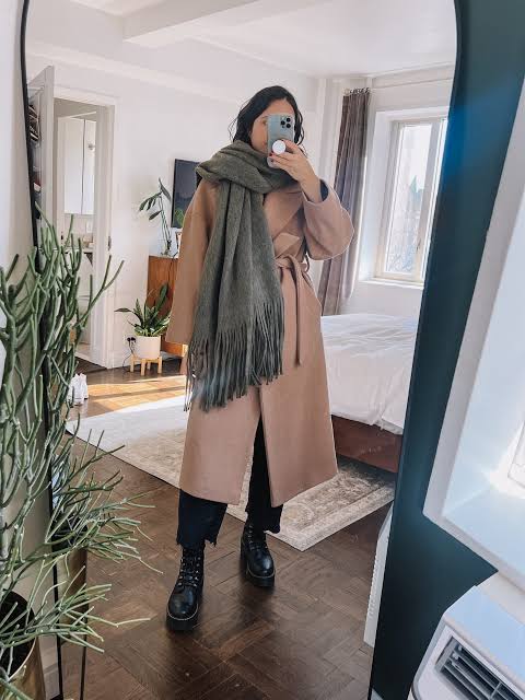 Cozy Chic: Belted Camel Coat with Chunky Scarf Cozy Chic: Belted Camel Coat with Chunky Scarf — Camel Coat Outfits