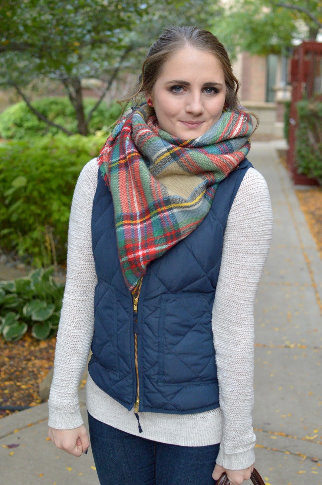 Plaid Blanket Scarf Adds Warmth and Style to Puffer Vest Outfit — Scarf Outfits