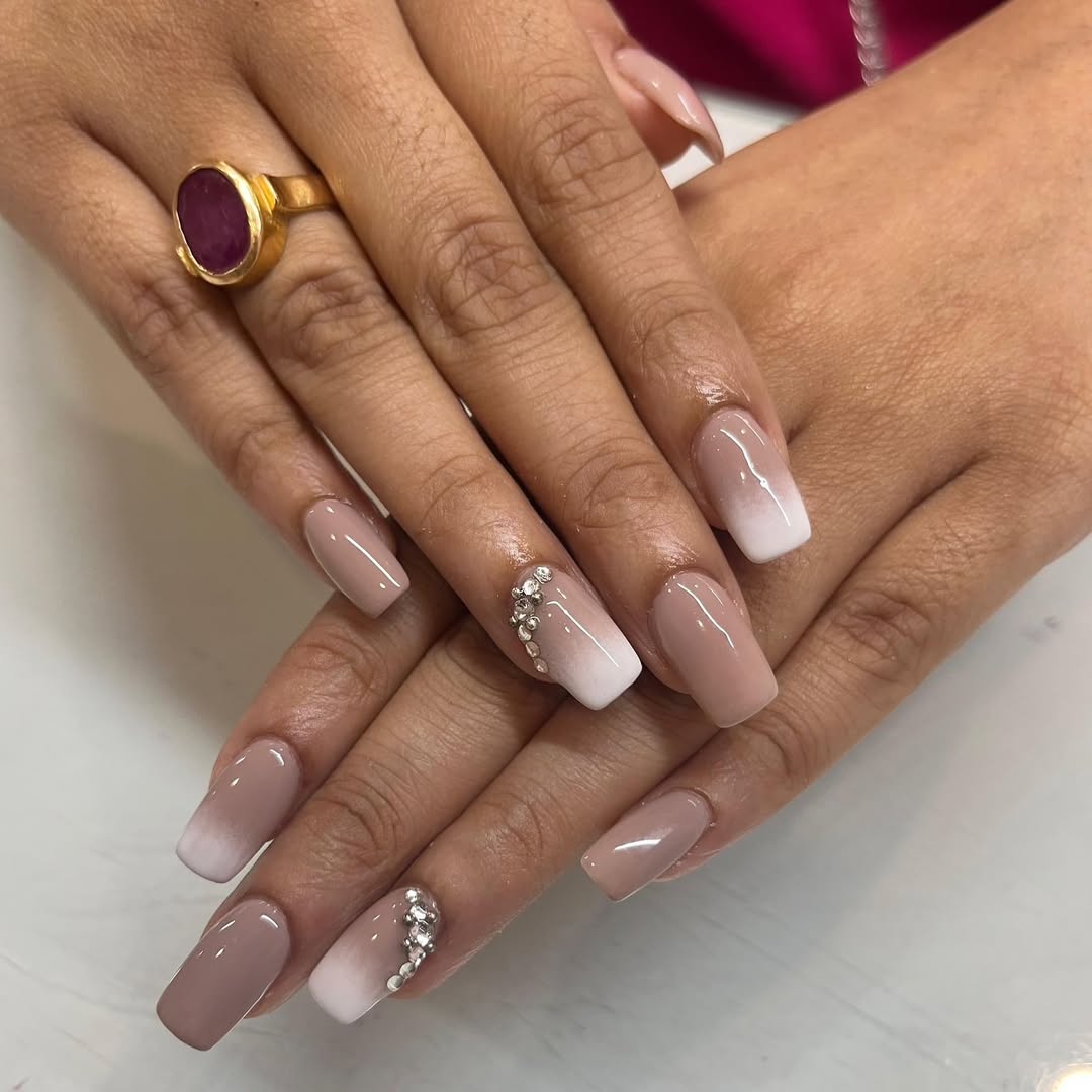 Nude White Ombre Medium Coffin with Rhinestones Nude White Ombre Medium Coffin with Rhinestones — Ombre Nail Designs