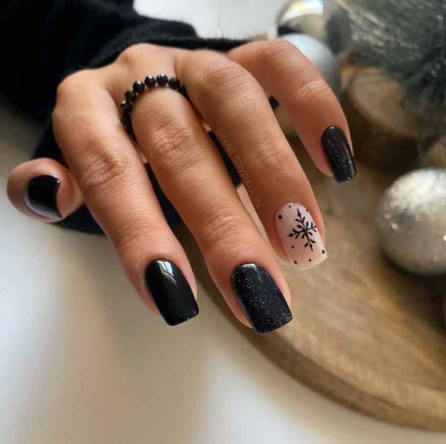 Black Glitter and Sheer Nude Snowflake Nails — Winter Black Nails