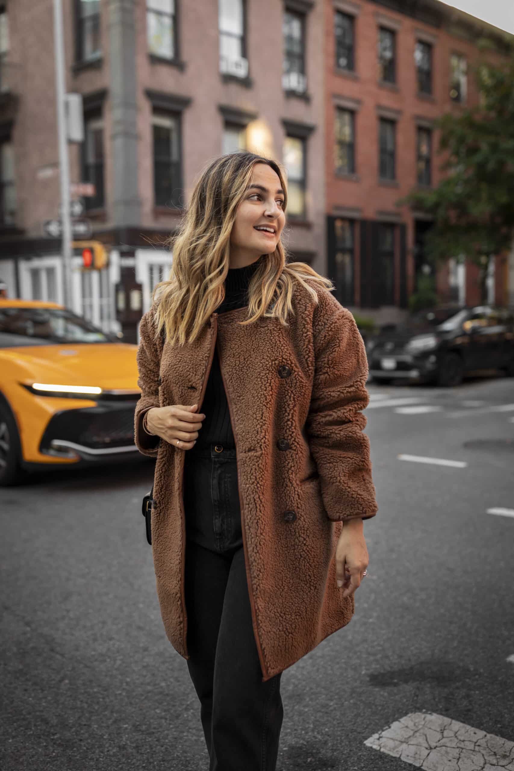 Cozy Black Turtleneck with Brown Teddy Jacket and Denim — Turtleneck Outfits