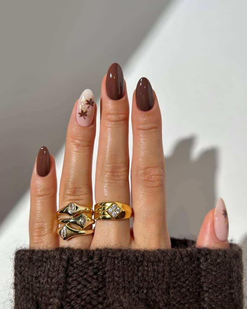 Chocolate Brown Gold Leaf Almonds Chocolate Brown Gold Leaf Almonds — Fall to Winter Nails