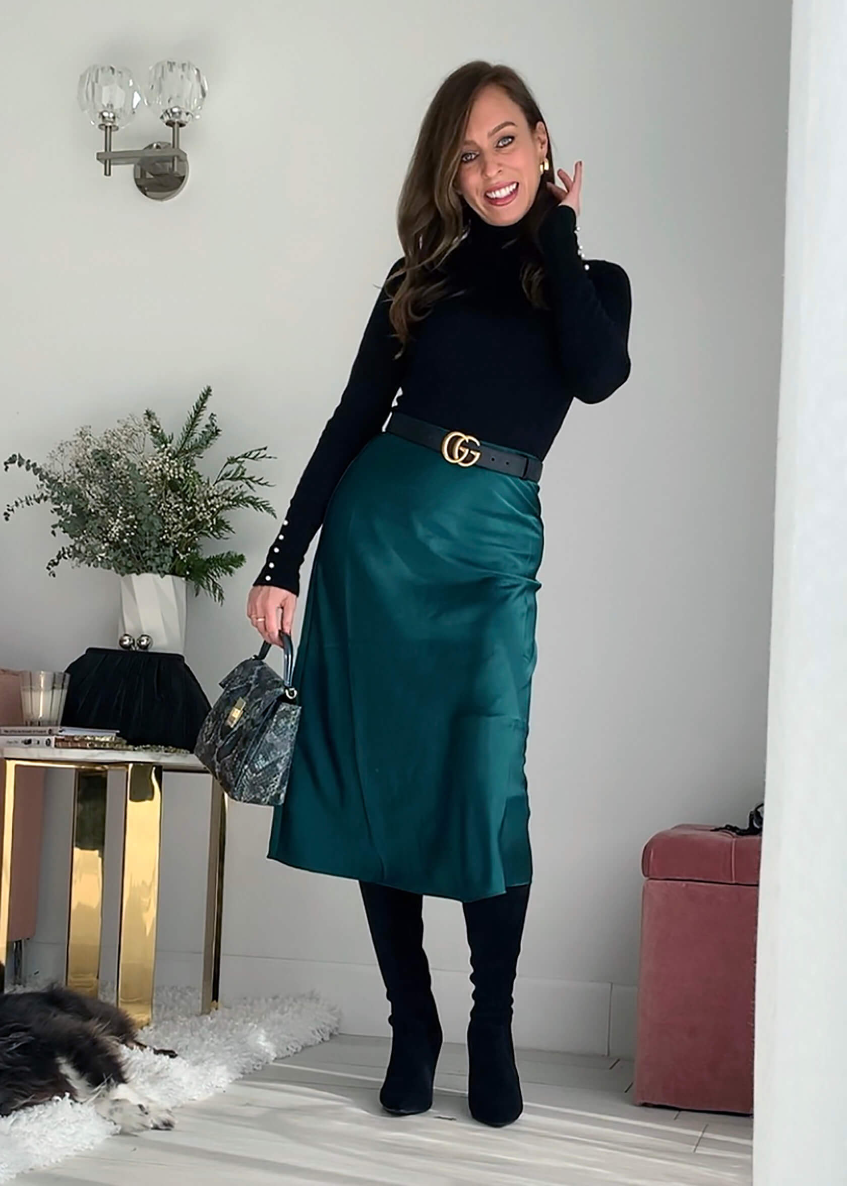 Black Over-the-Knee Boots with Emerald Green Satin Midi Skirt Black Over-the-Knee Boots with Emerald Green Satin Midi Skirt — Over the Knee Boots Outfits