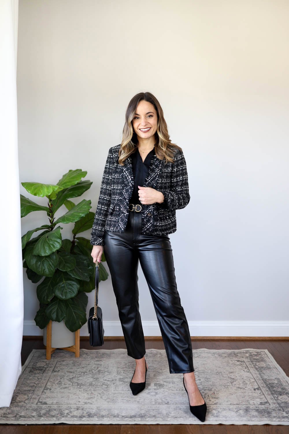 Tweed Blazer and Leather Pants for Business Casual Tweed Blazer and Leather Pants for Business Casual — Leather Pants Outfits